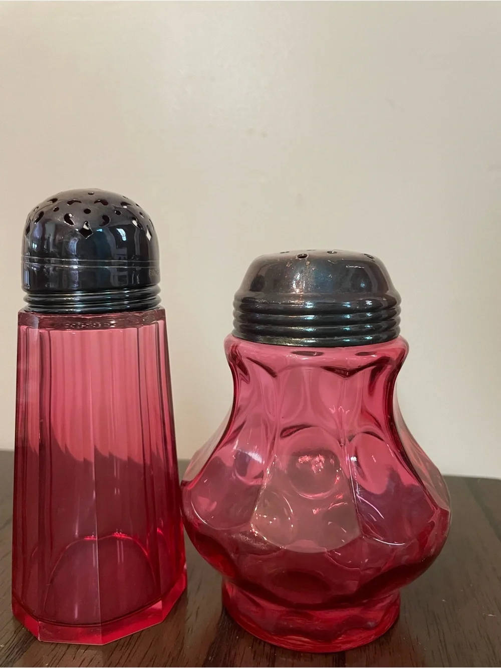 Vintage Pink Glass Salt and Pepper Shakers with Metal Tops